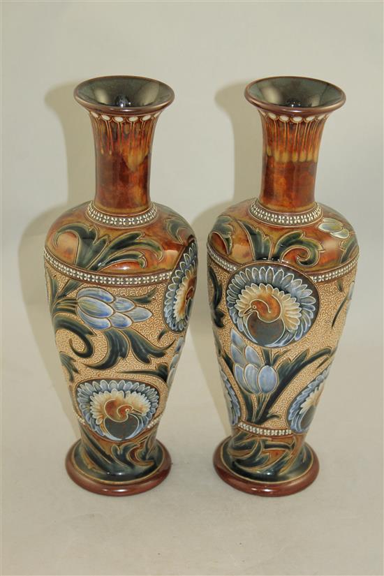 A pair of Doulton Lambeth stoneware baluster vases, by Eliza Simmance, c.1900, 32cm